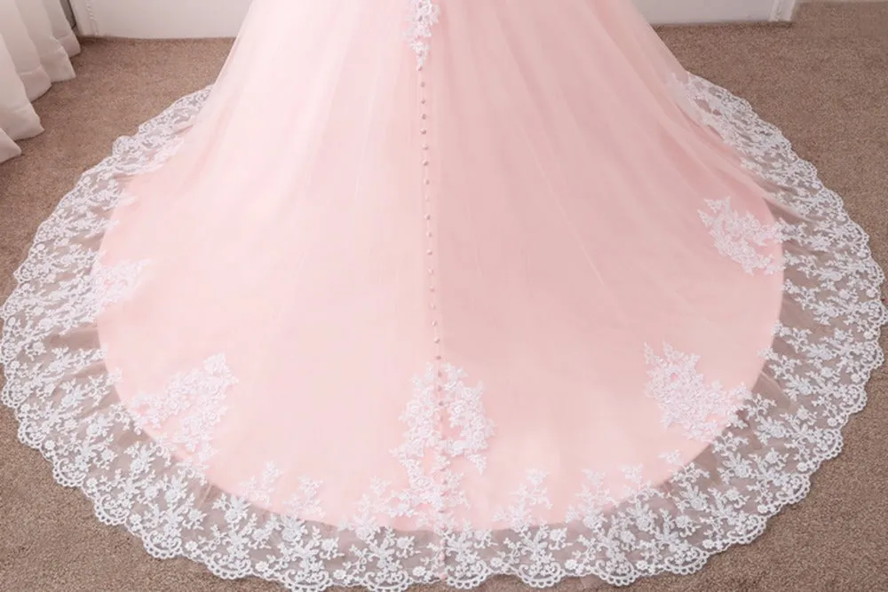 Pink Puffy Ball Gown Princess Sweetheart Tulle Formal Dress with White Lace, Pink Sweet 16 Gown