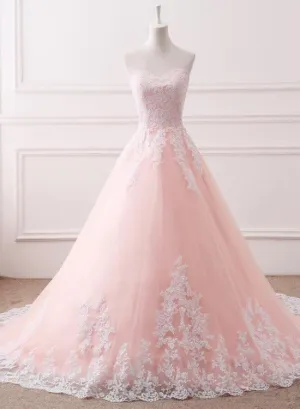 Pink Puffy Ball Gown Princess Sweetheart Tulle Formal Dress with White Lace, Pink Sweet 16 Gown