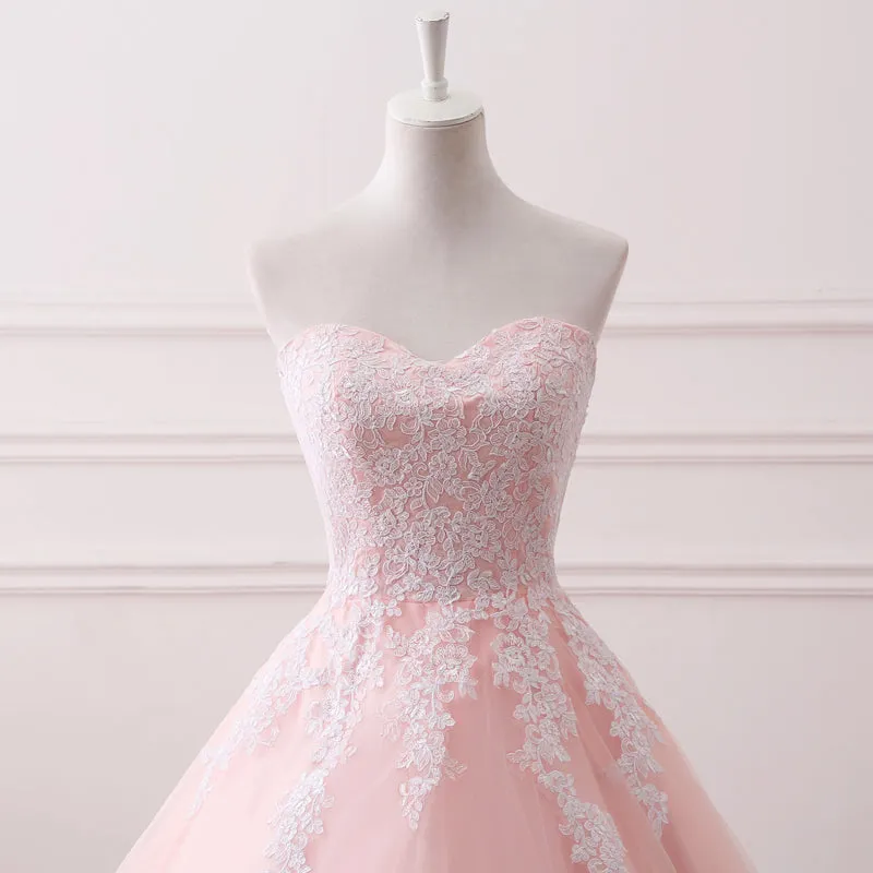 Pink Puffy Ball Gown Princess Sweetheart Tulle Formal Dress with White Lace, Pink Sweet 16 Gown