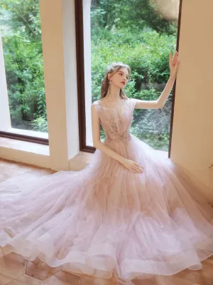Pink tulle beads long prom dress, pink sweet 16 dress