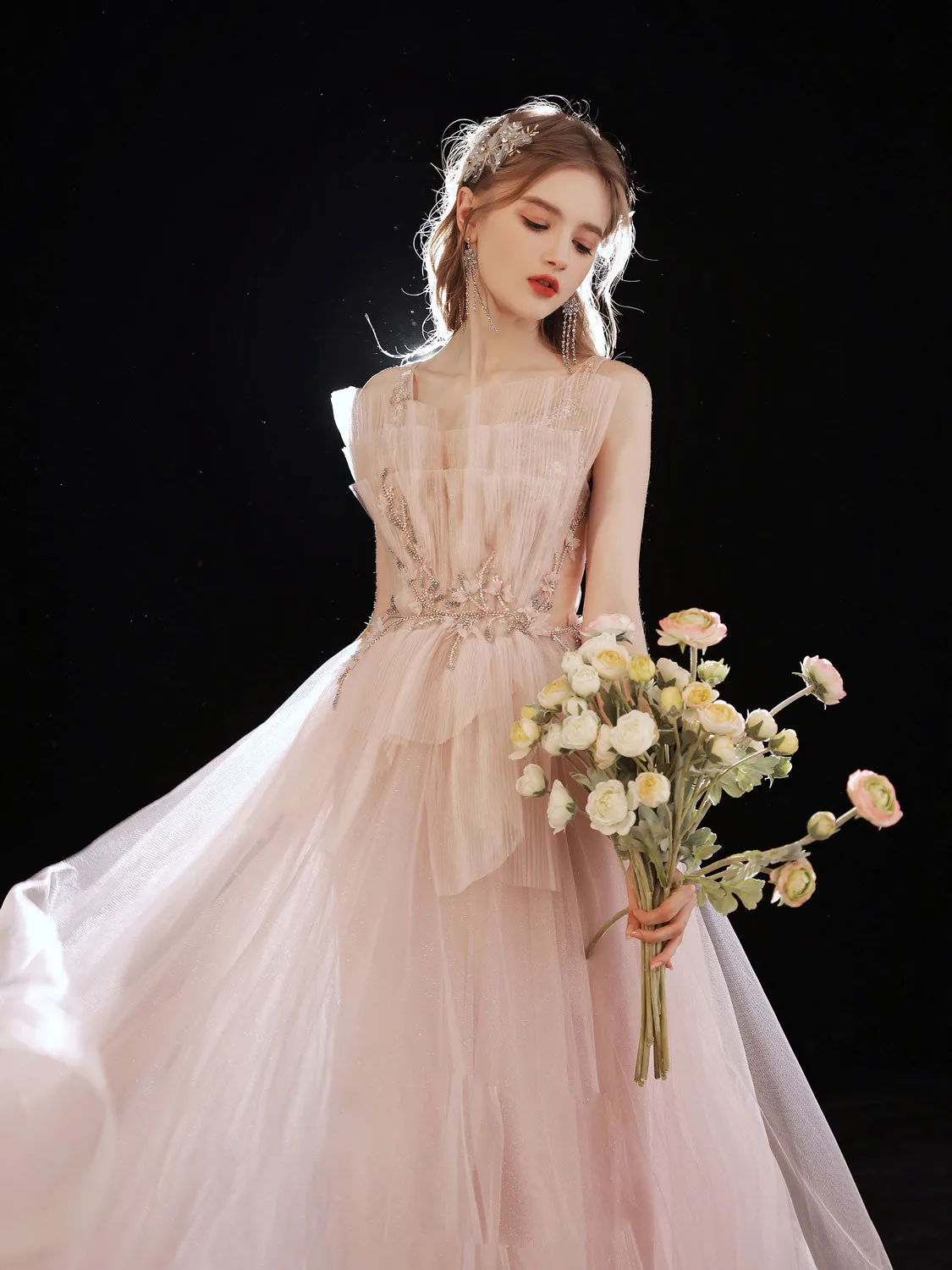 Pink tulle beads long prom dress, pink sweet 16 dress