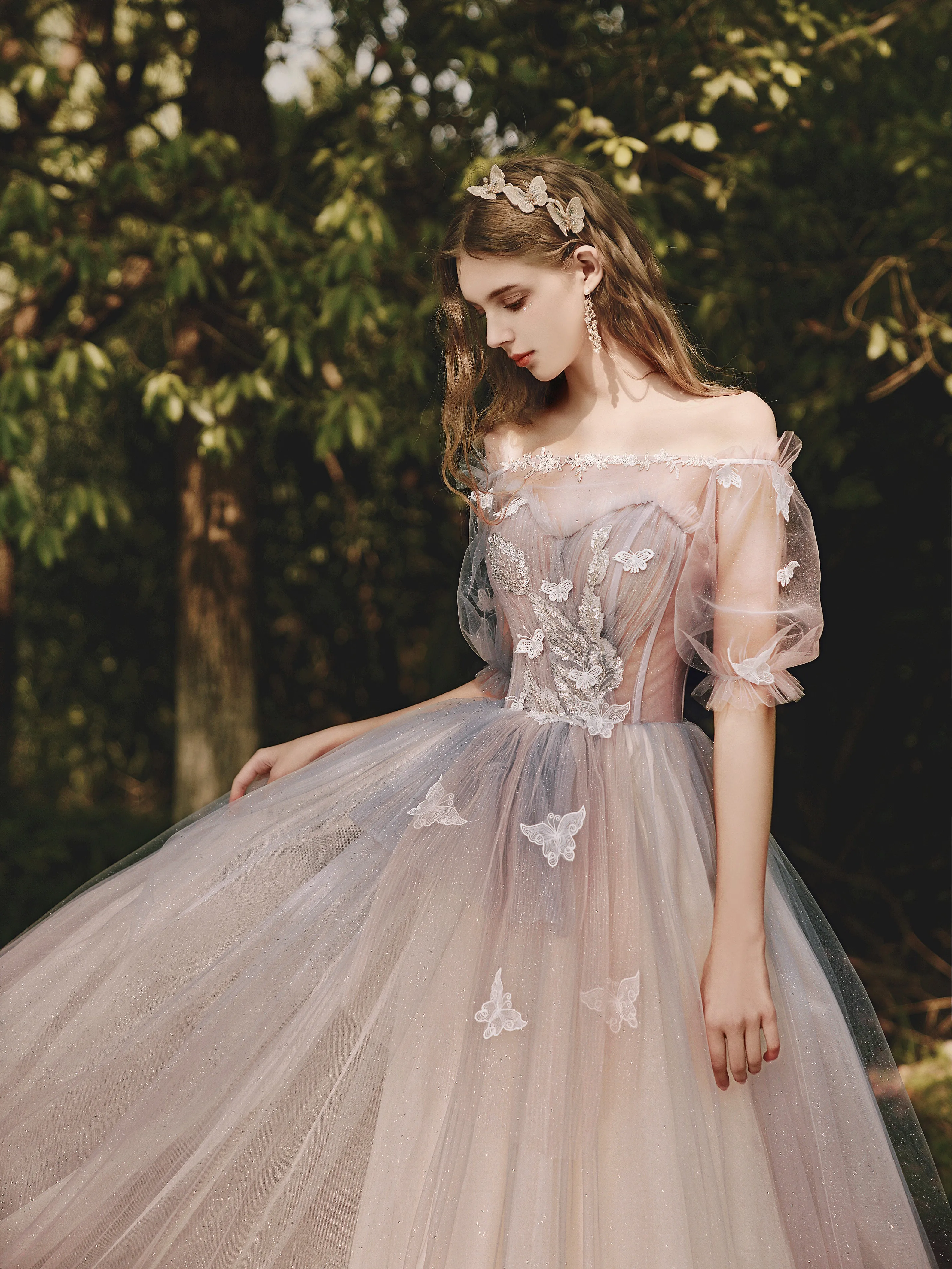 Pink Tulle Gradient Short Sleeves Formal Dress Party Dresses, Pink Sweet 16 Gowns
