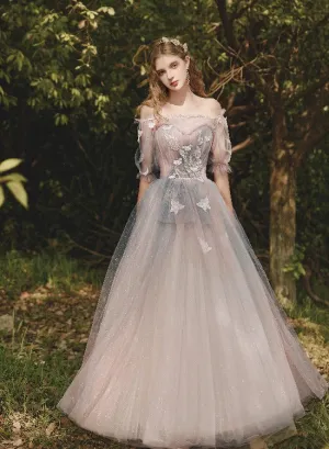 Pink Tulle Gradient Short Sleeves Formal Dress Party Dresses, Pink Sweet 16 Gowns