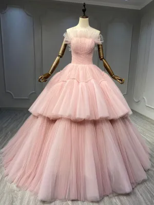 Pink tulle long prom dress pink long sweet 16 dress
