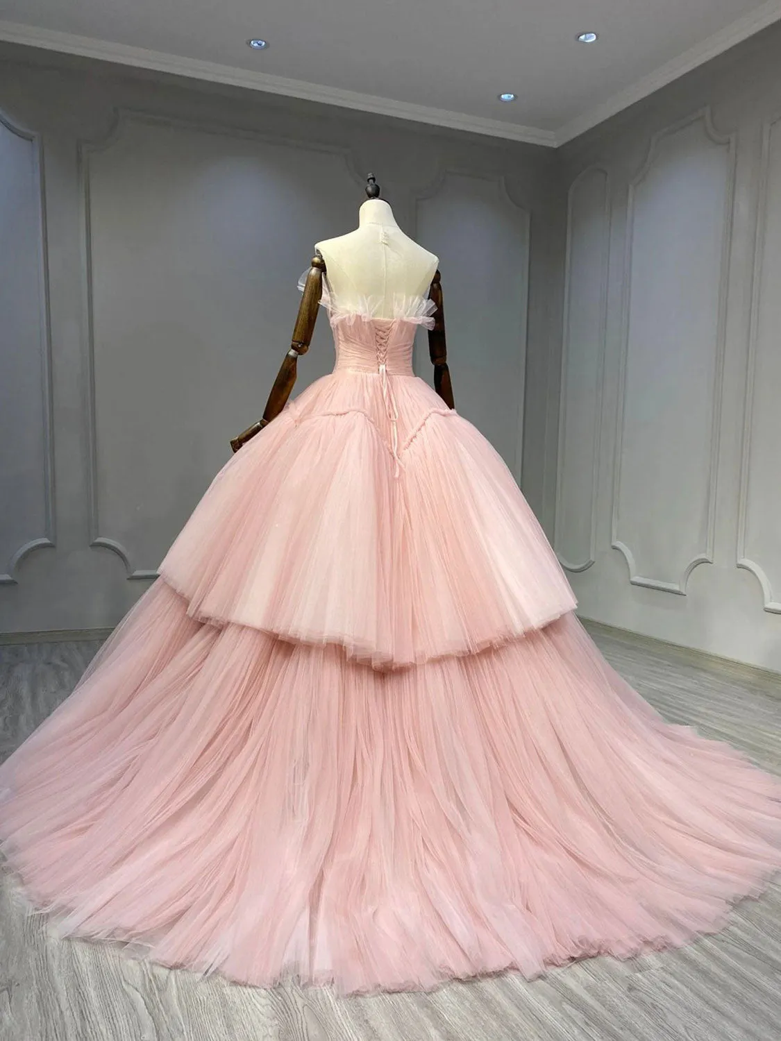 Pink tulle long prom dress pink long sweet 16 dress