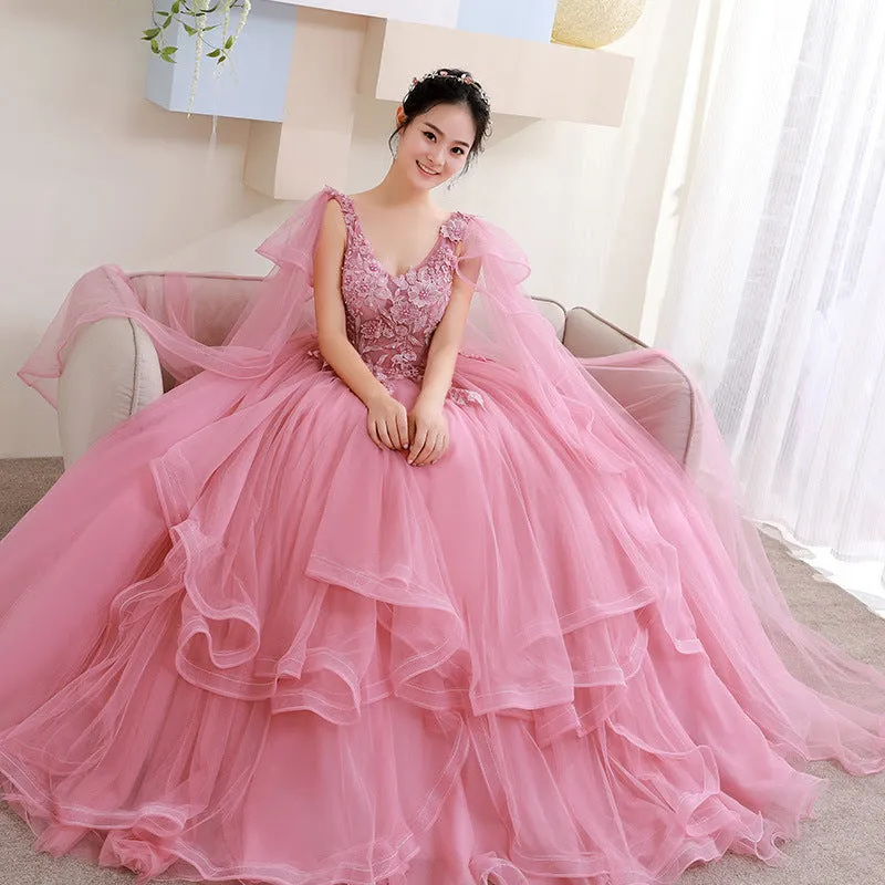 Pink Tulle Sweet 16 Party Dress with Lace Applique Formal Dress, Pink Quinceanera Dresses