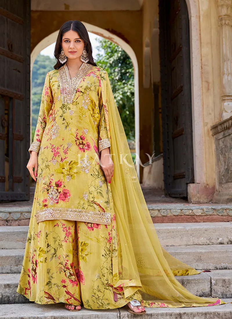 Pista Green Embroidery Printed Palazzo Suit