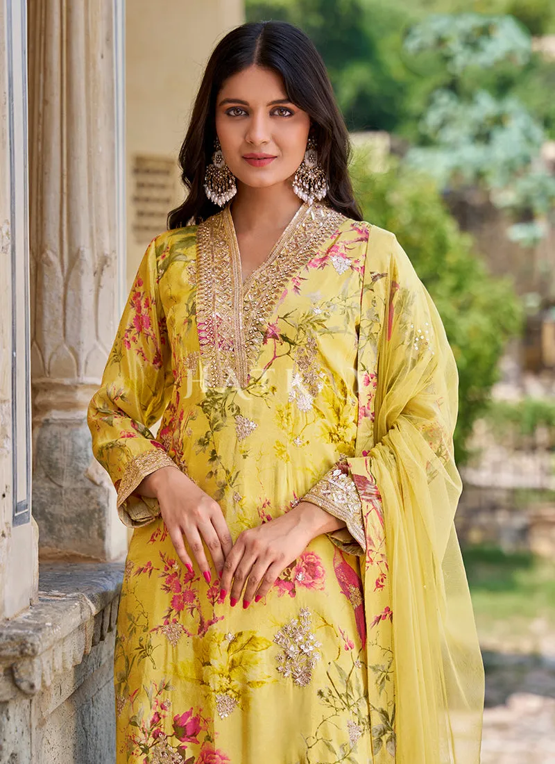Pista Green Embroidery Printed Palazzo Suit