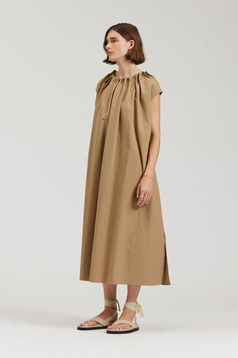 Pleated Neckline A-Line Midi Dress in Safari