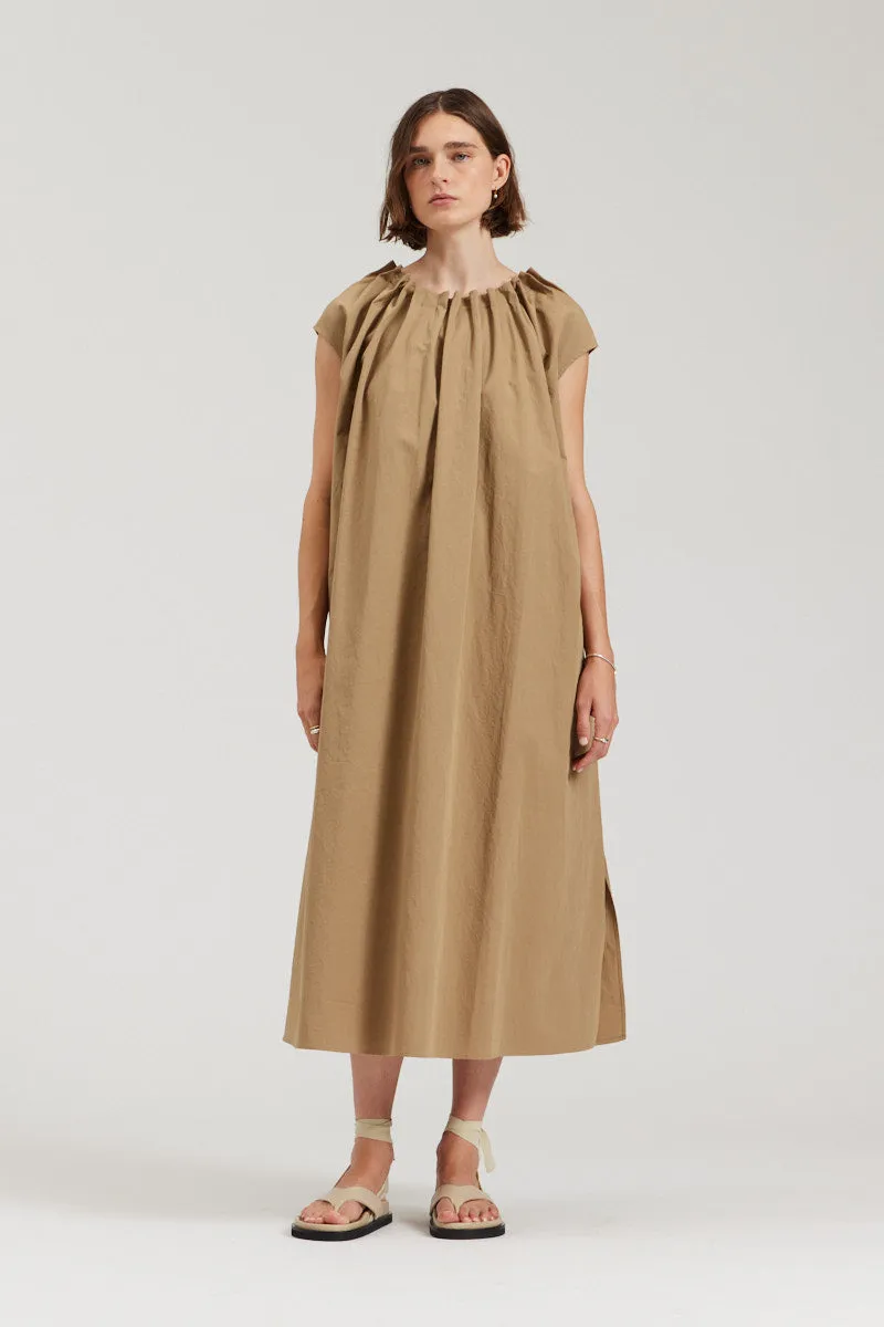 Pleated Neckline A-Line Midi Dress in Safari