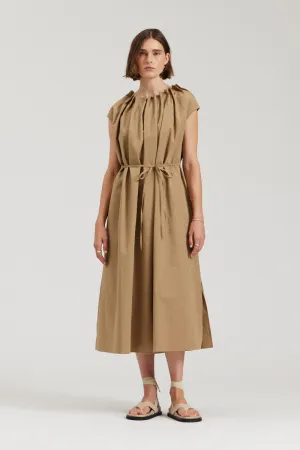 Pleated Neckline A-Line Midi Dress in Safari