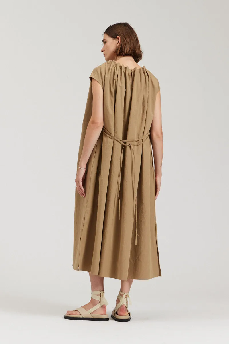 Pleated Neckline A-Line Midi Dress in Safari