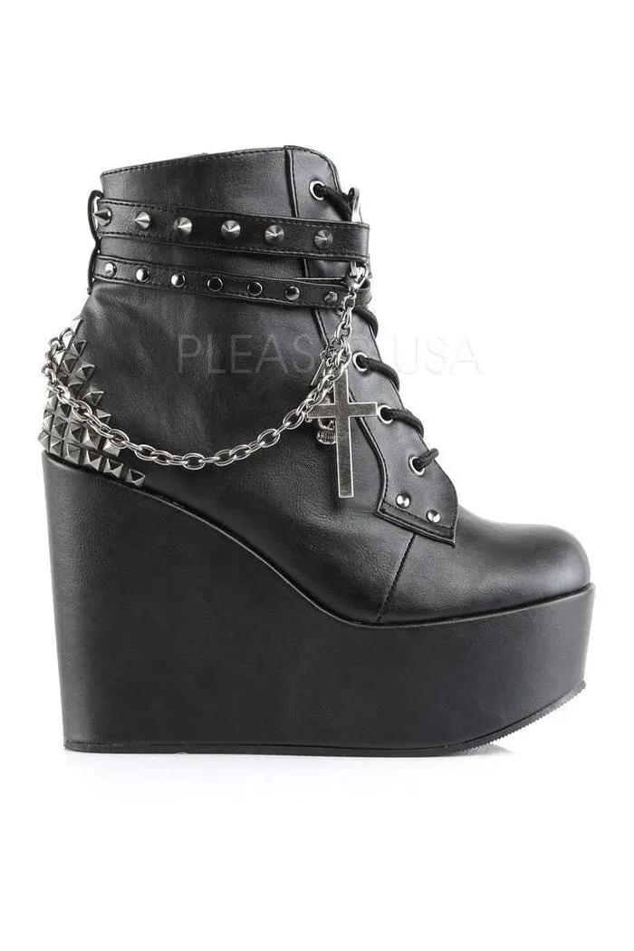 POISON-101 Demonia Wedge | Black Faux Leather