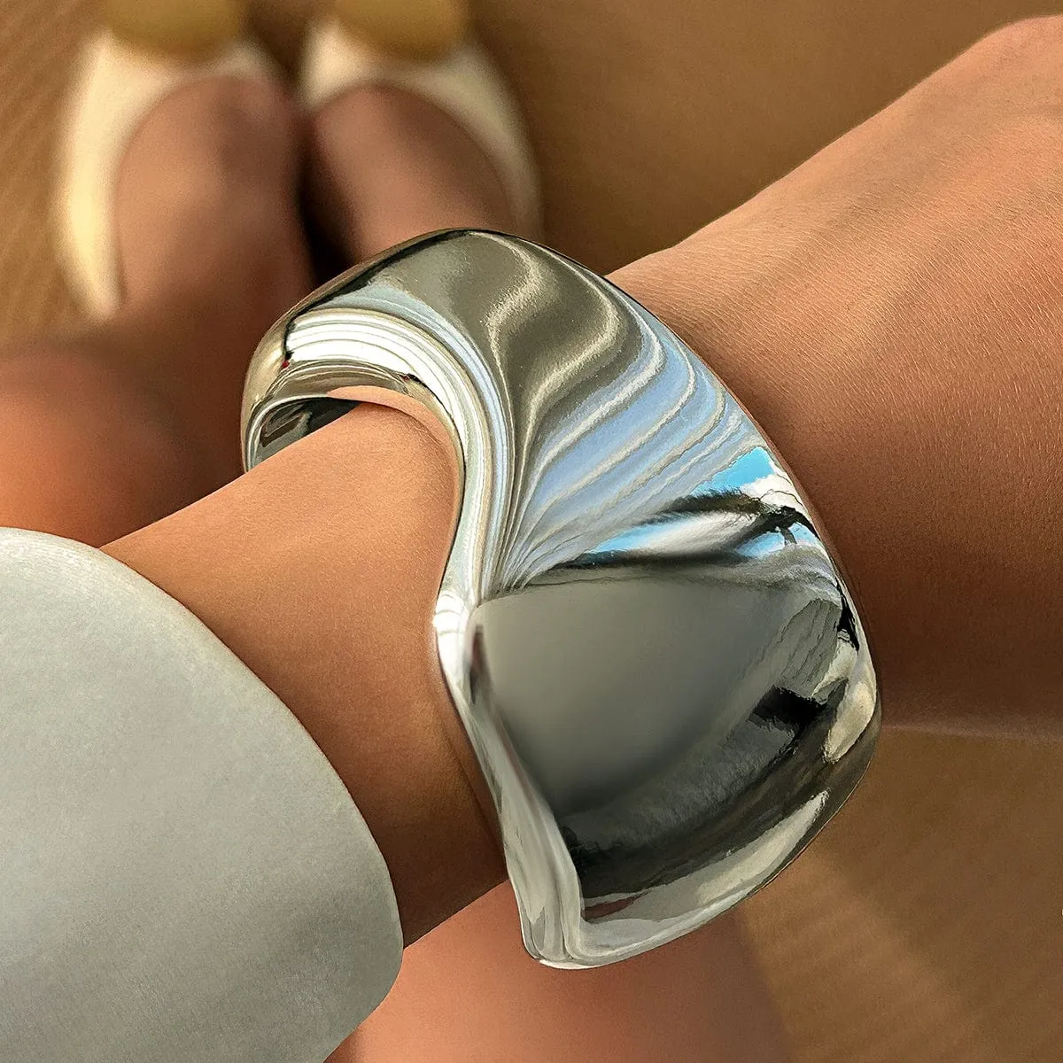 Punk Irregular Curved Glossy Wide Cuff Bangle Bracelet