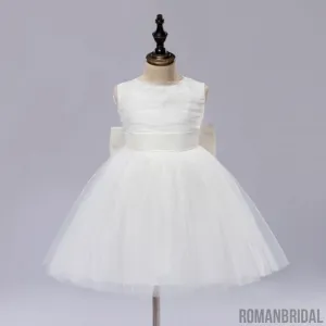 Pure white small dress, round neck sleeveless Big bow on the back, Pleats on the cute Flower Girl Dress, FG0103