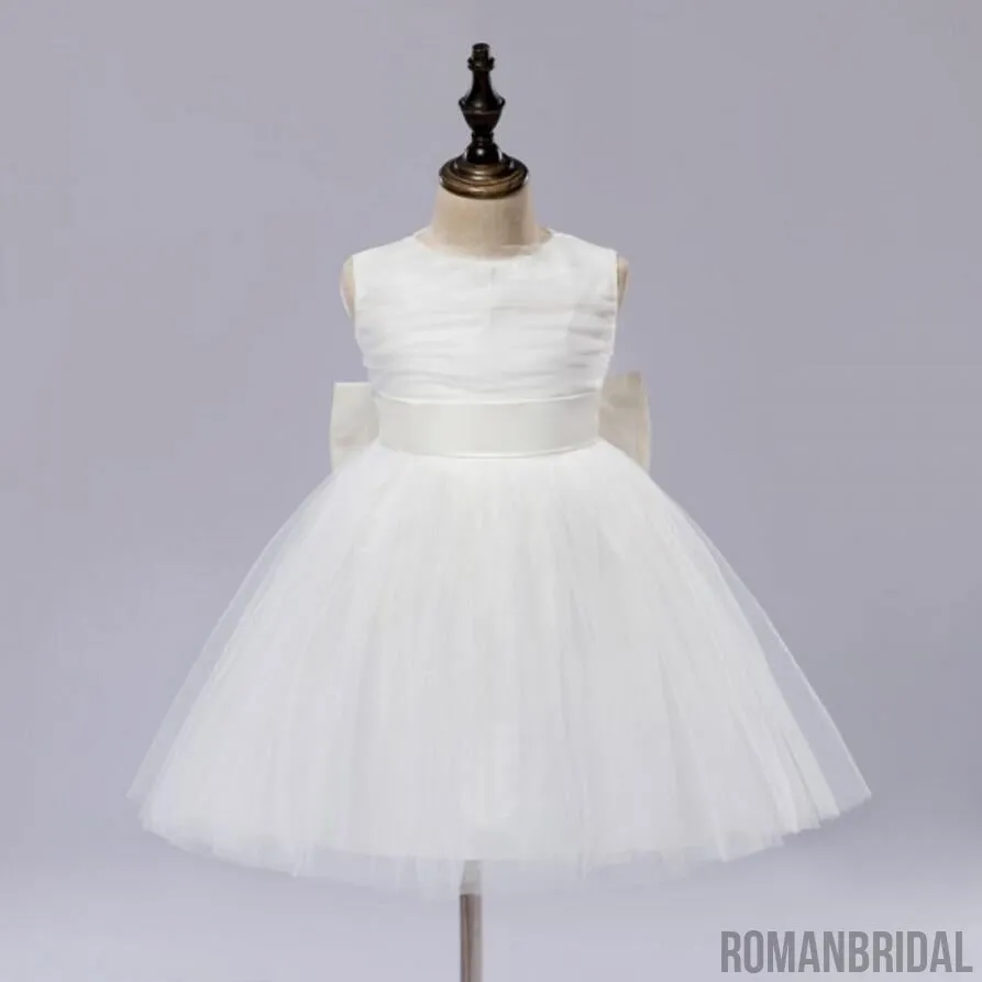 Pure white small dress, round neck sleeveless Big bow on the back, Pleats on the cute Flower Girl Dress, FG0103