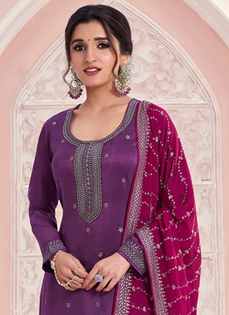 Purple And Magenta Embroidery Pakistani Pant Suit