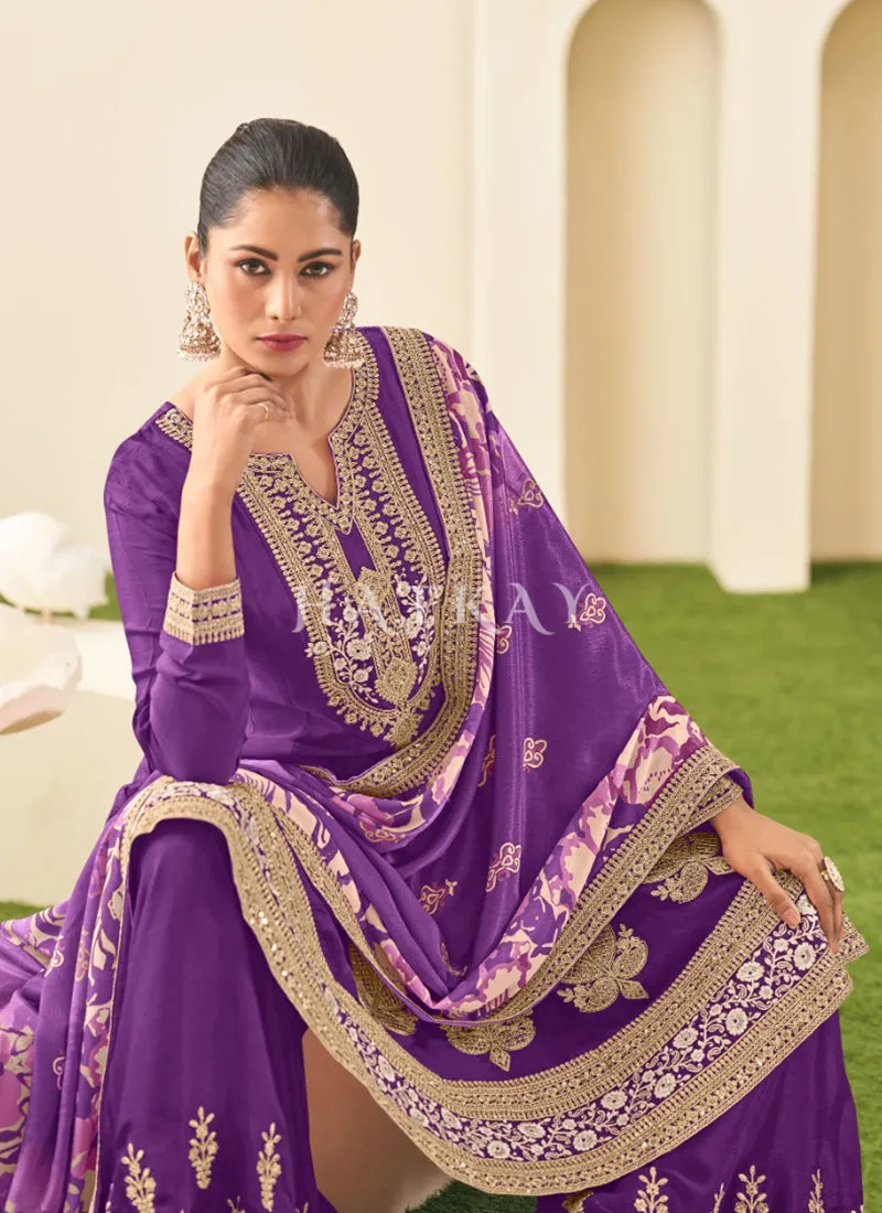 Purple Embroidered Sharara Suit