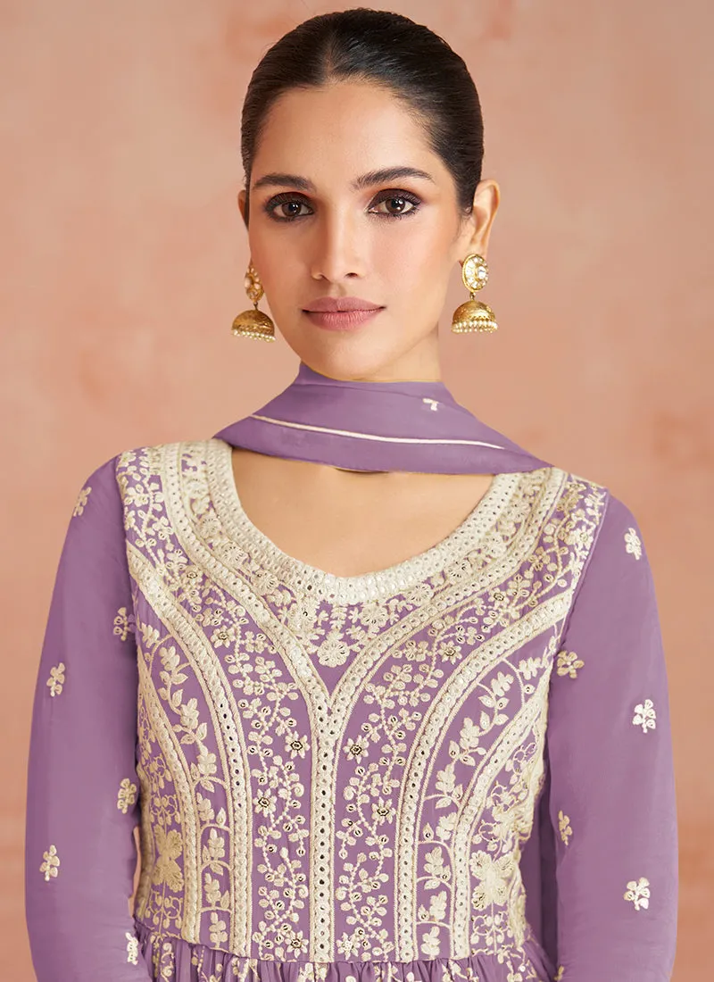 Purple Georgette Thread Embroidered Palazzo Suit