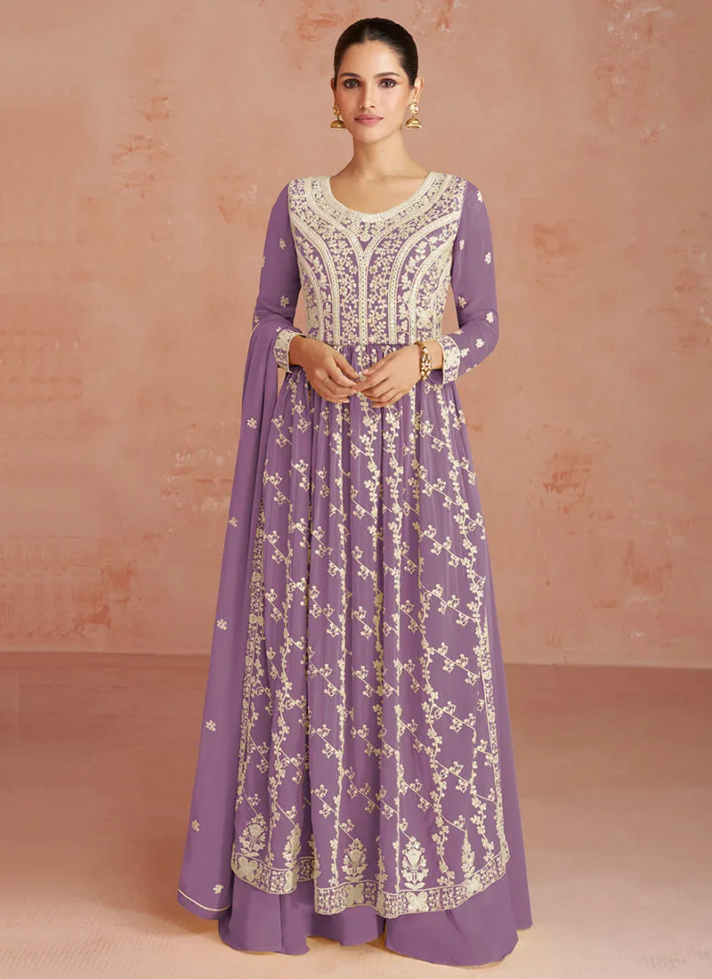 Purple Georgette Thread Embroidered Palazzo Suit
