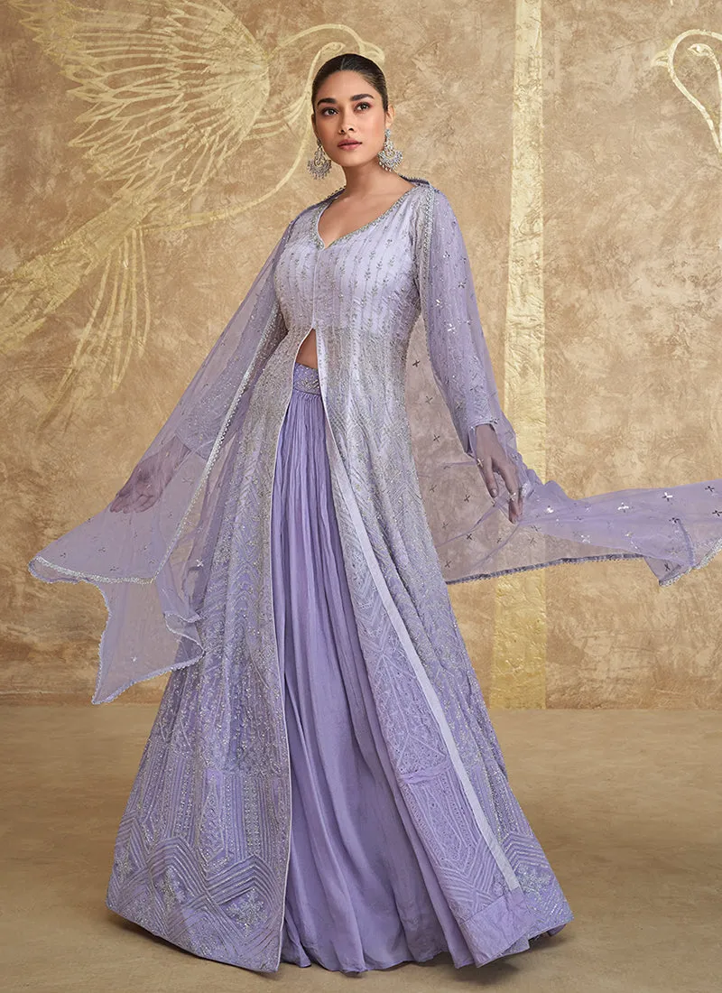 Purple Ombré Embroidered Slit Style Anarkali Lehenga