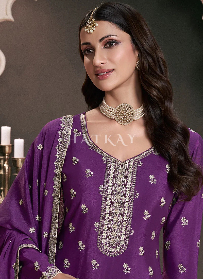 Purple Reshamkari Embroidery Sharara Suit