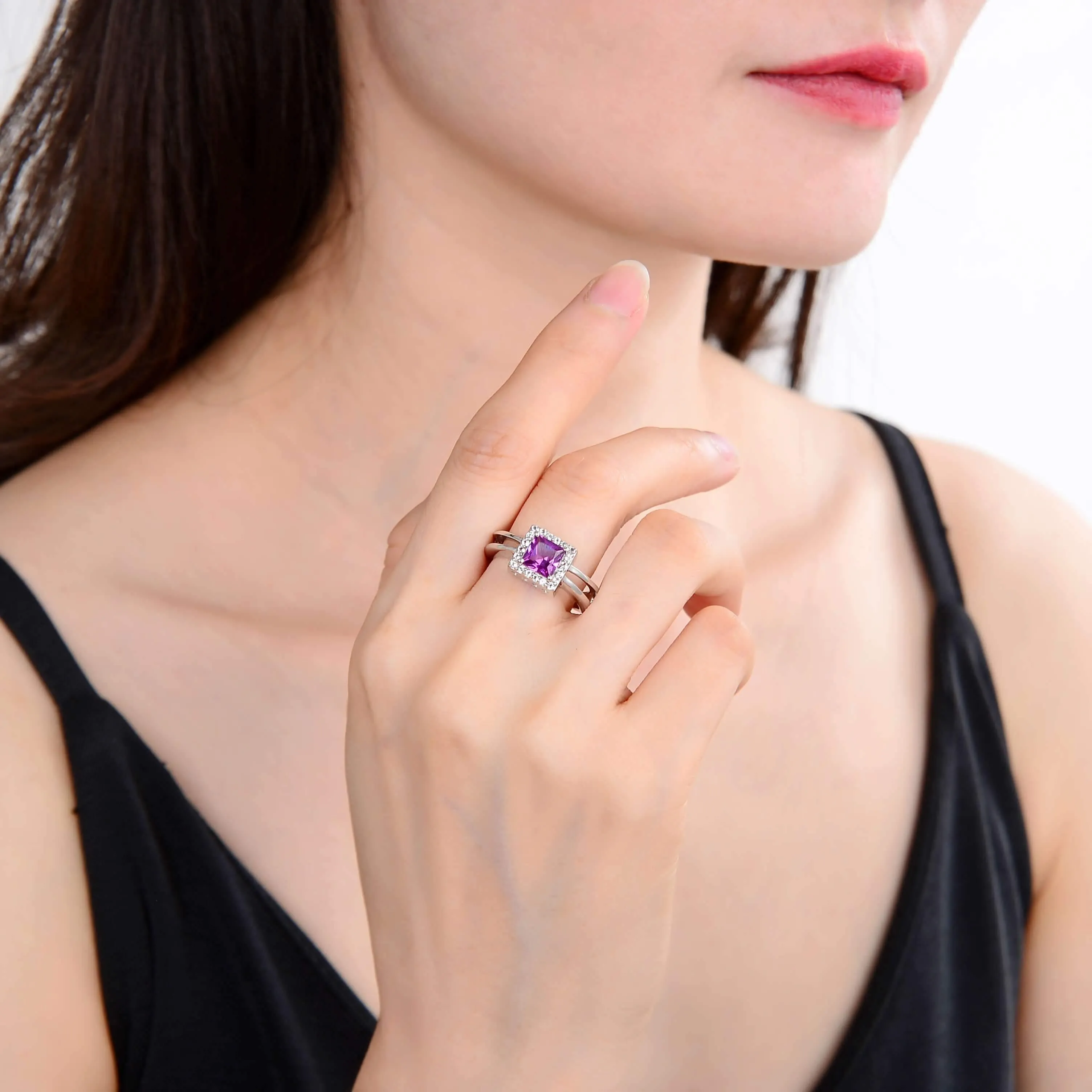 Purple Sapphire Chunky Square Halo Ring