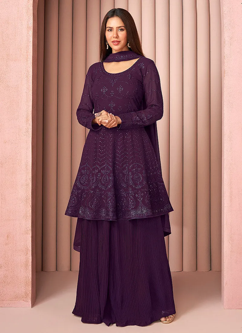 Purple Sequence Embroidered Designer Sharara Suit
