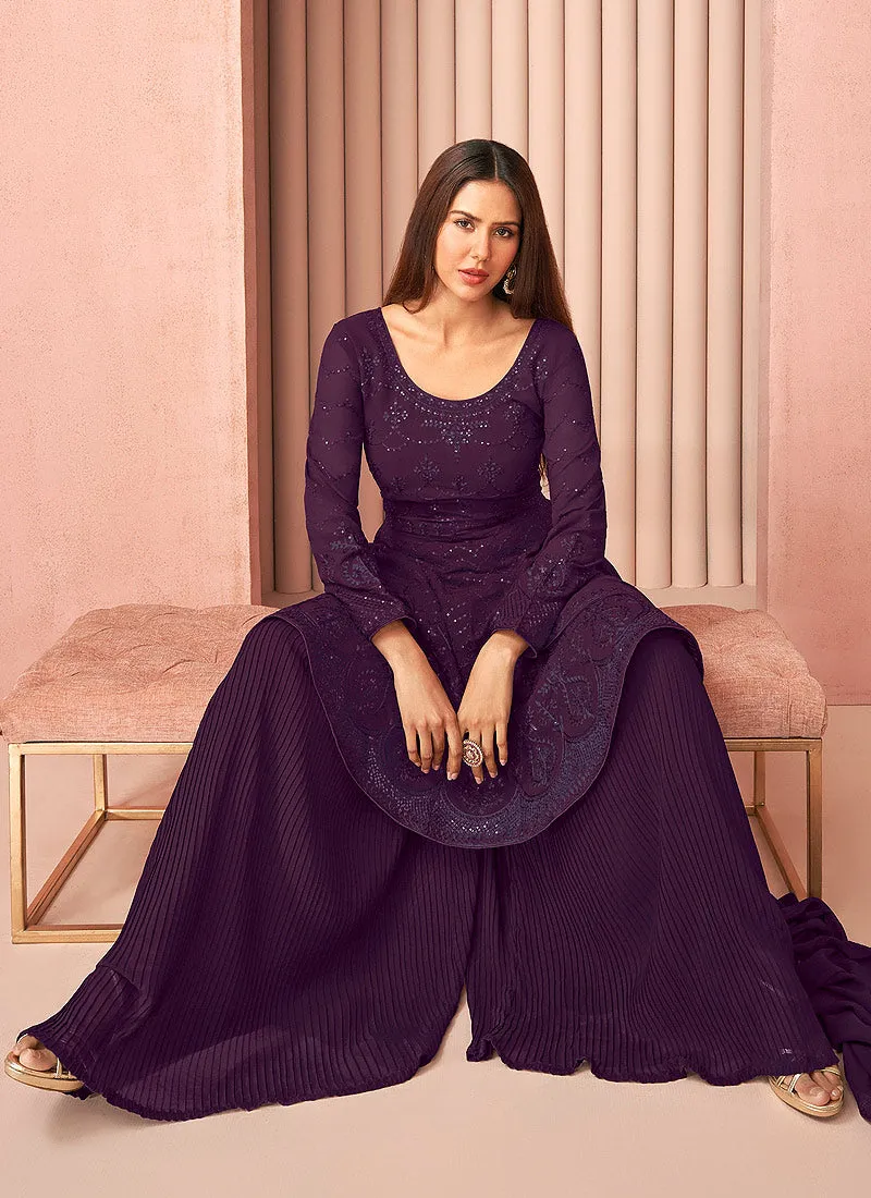 Purple Sequence Embroidered Designer Sharara Suit