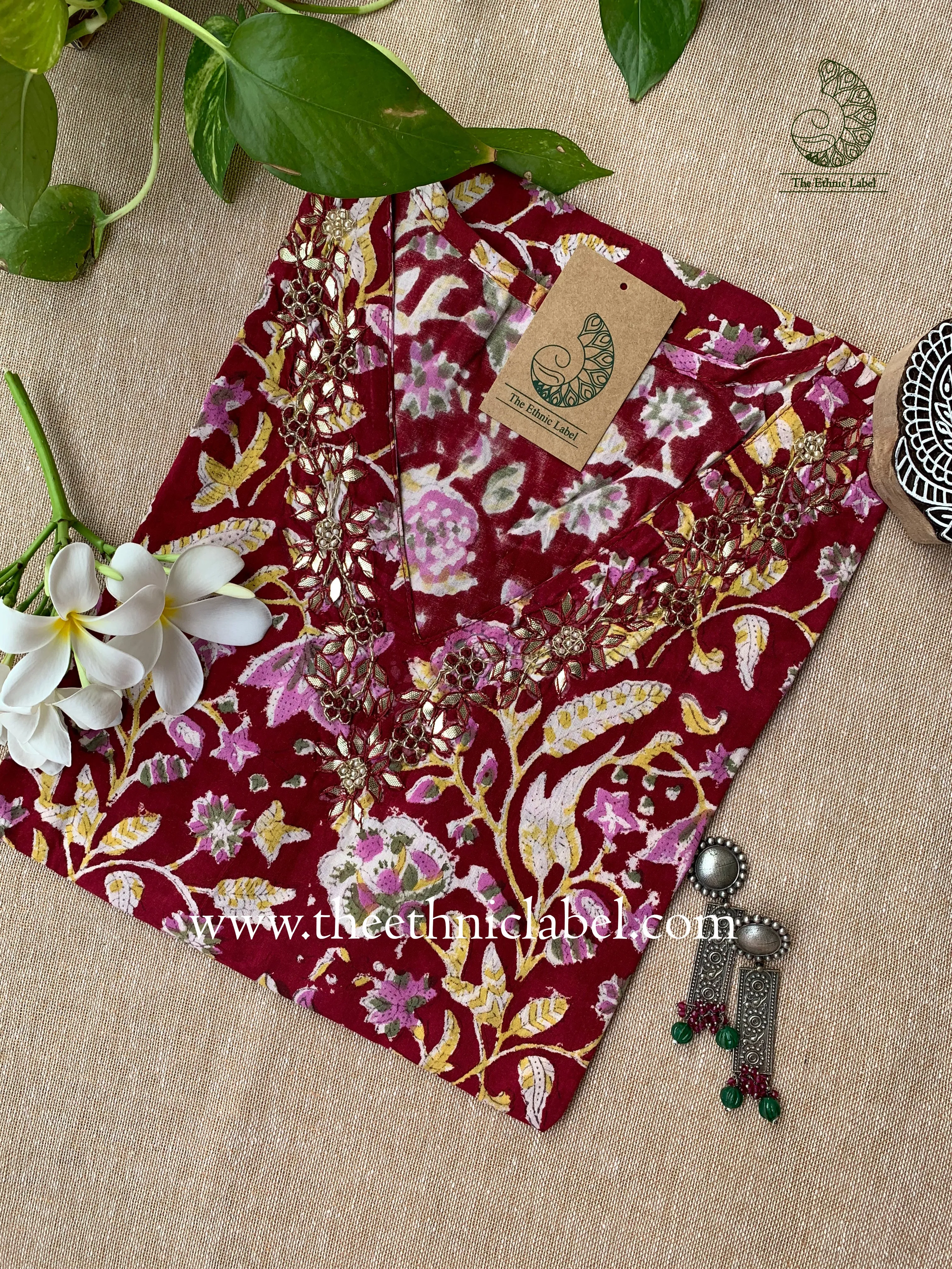"Aarohi" Hand Embroidered Block Printed Cotton kurta