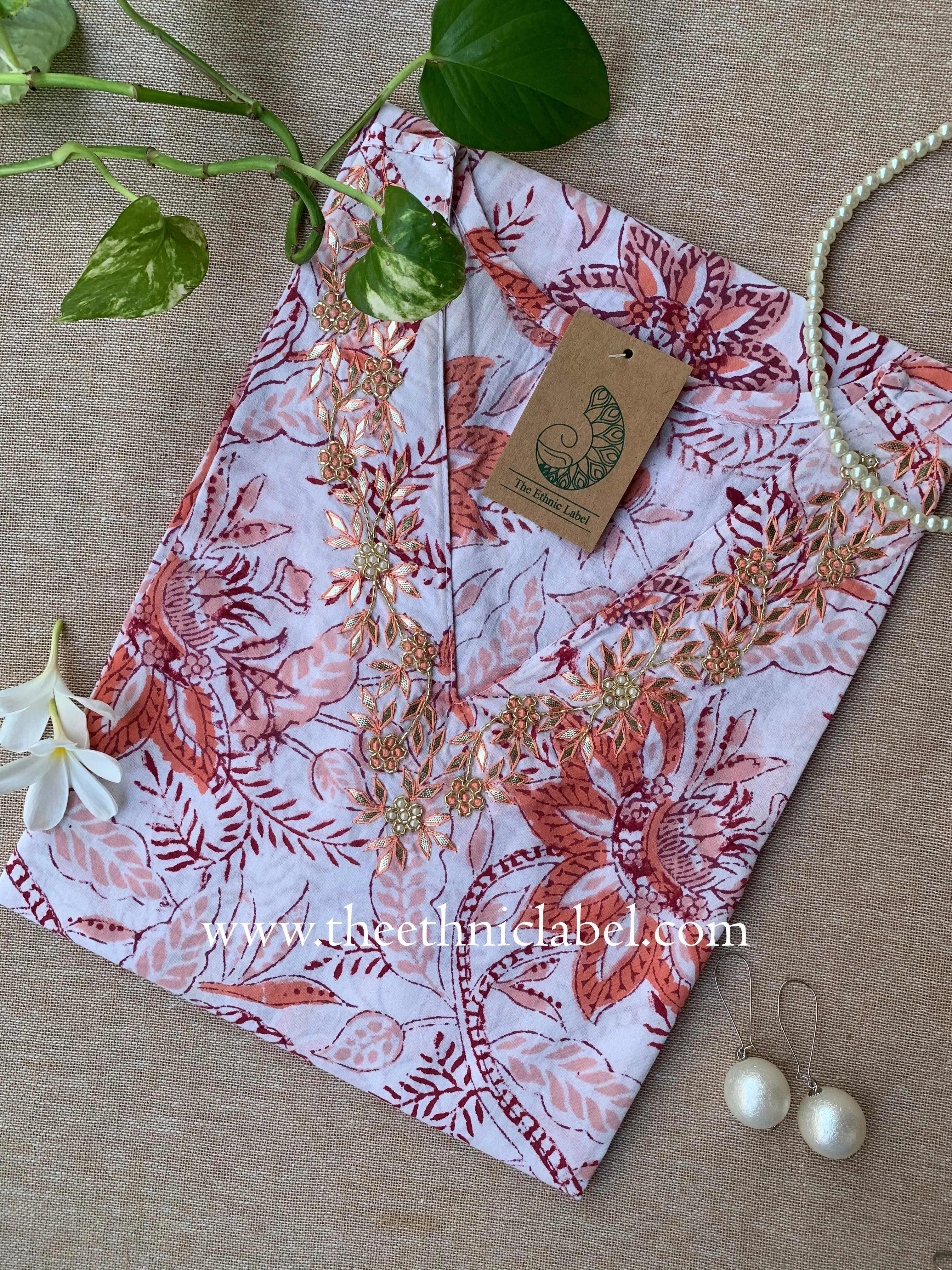 "Ragavi" Hand Embroidered Block Printed Cotton kurta