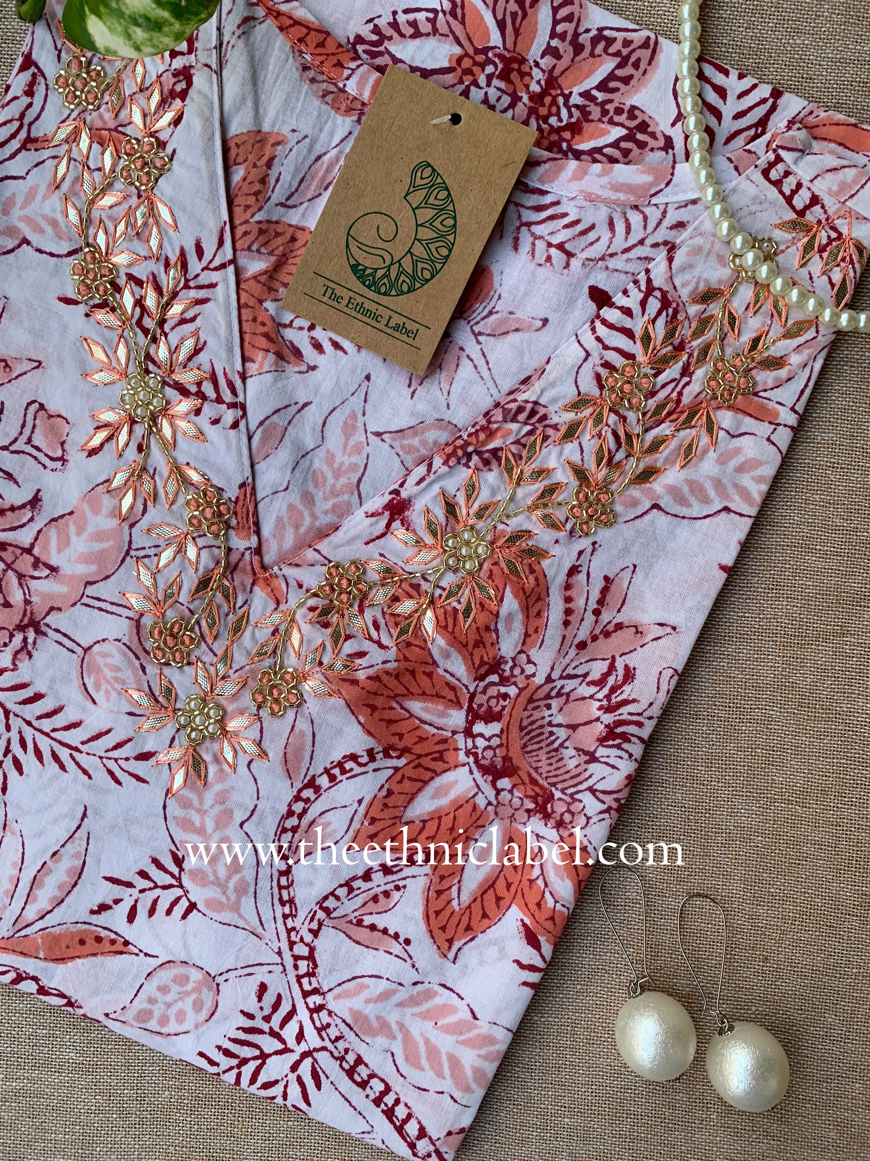 "Ragavi" Hand Embroidered Block Printed Cotton kurta