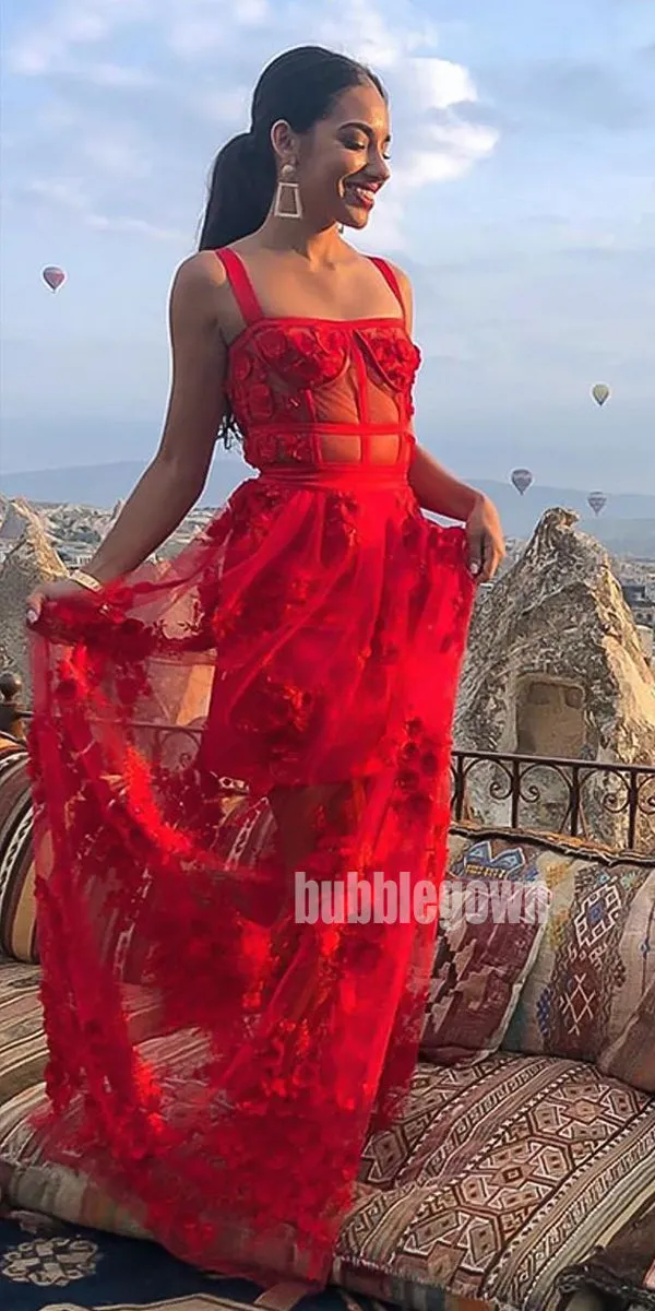 Red A-line See-through Tulle Long Prom Dresses FP1147