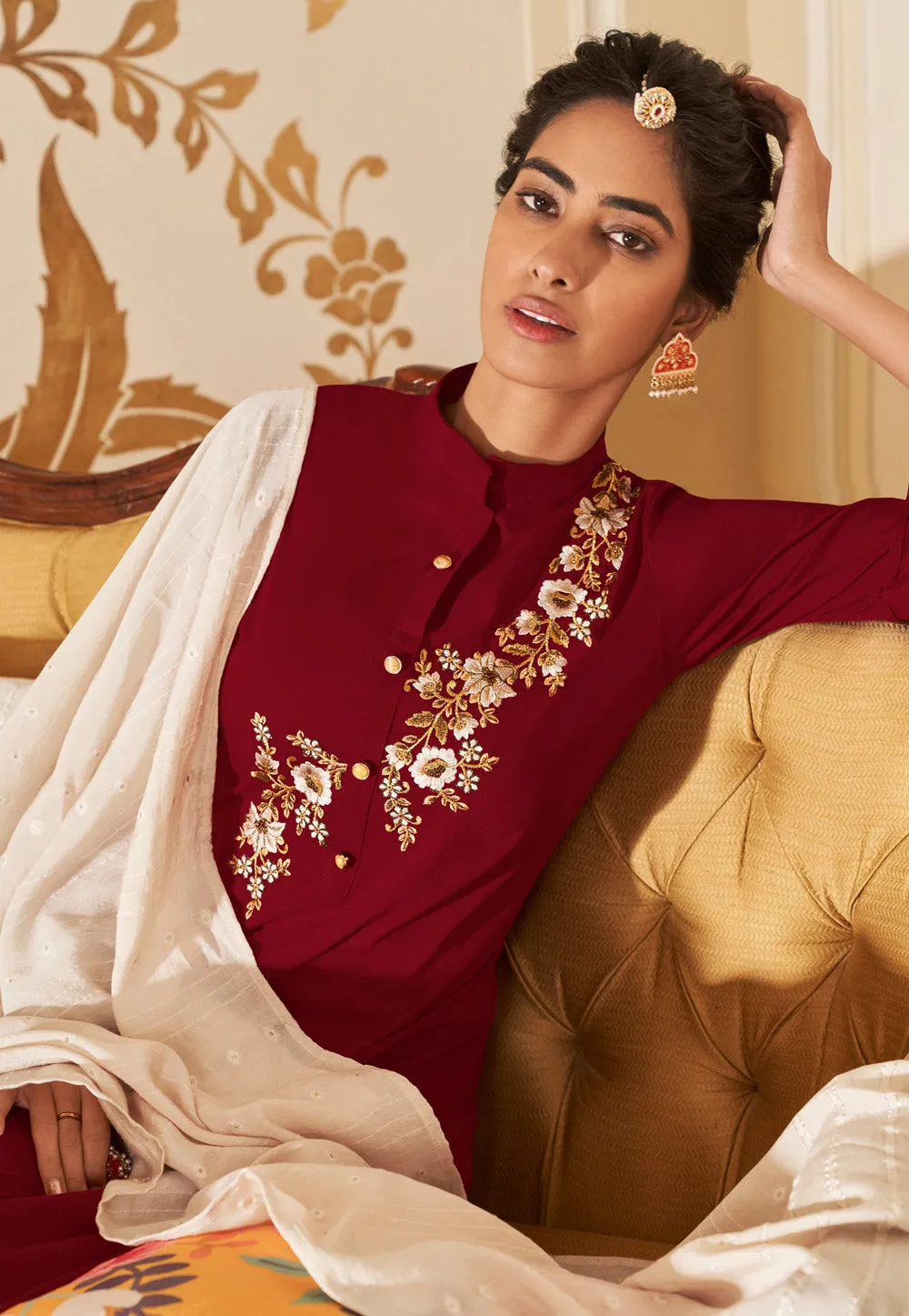 Red And Cream Embroidered Pakistani Pant Suit