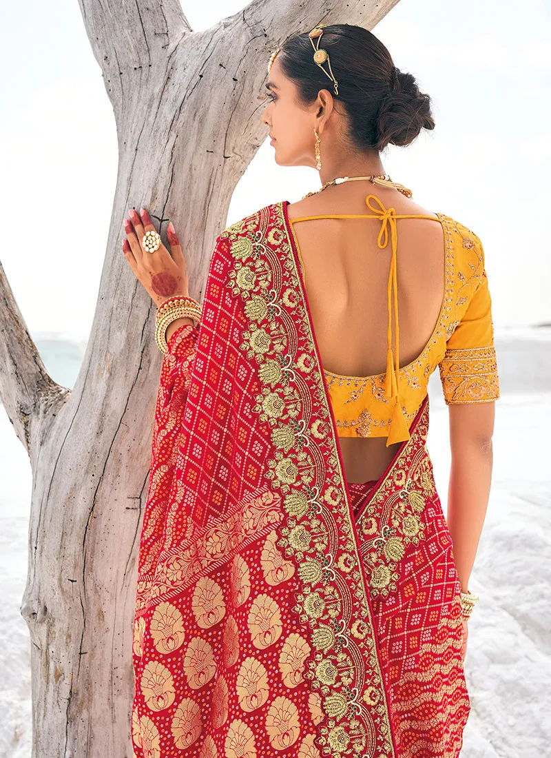 Red And Yellow Embroidered Patola Georgette Saree