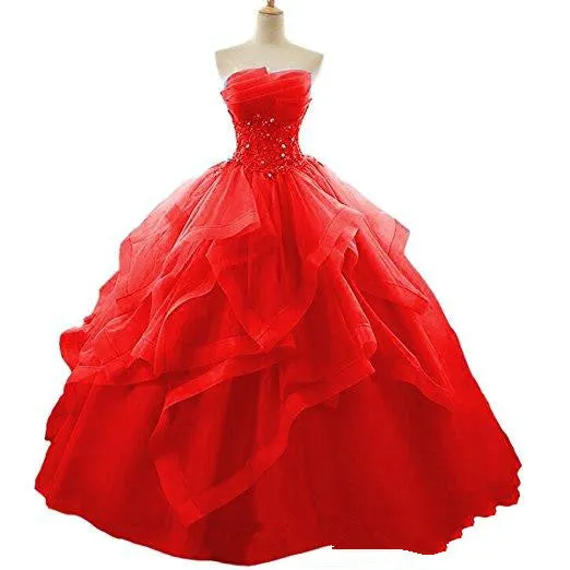 Red Beaded LaceSweet 16 Ball Gown Layers Formal Dress, Prom Dress Party Gowns Red Lace Evening Dresses