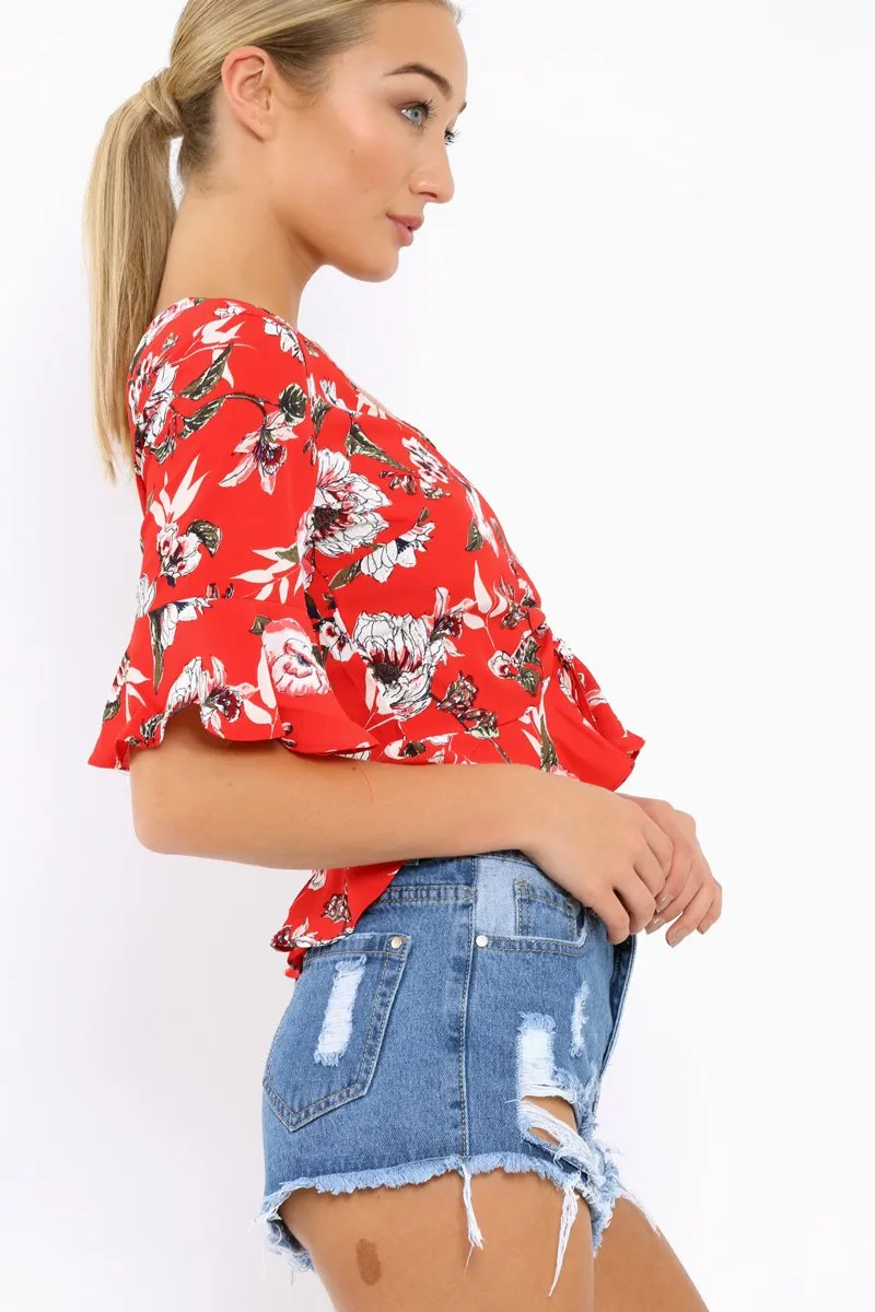 Red Floral V Neck Top with Frills - Rubye
