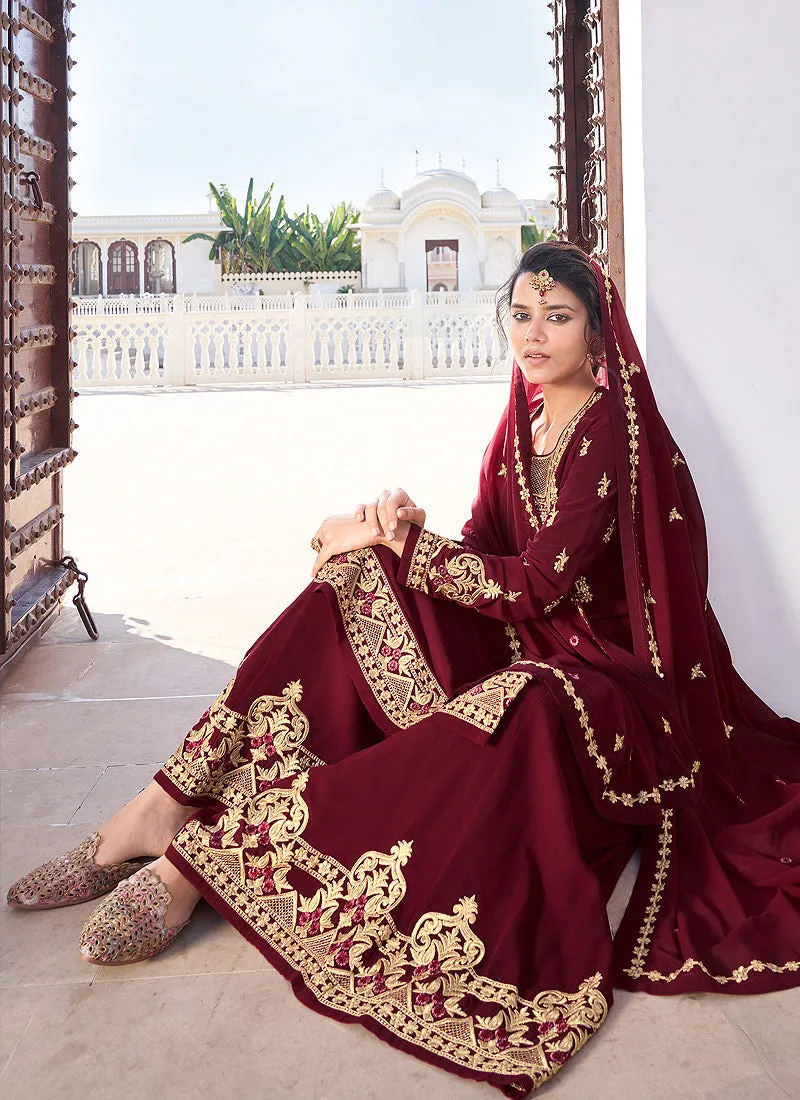 Red Golden Embroidered Gharara Palazzo Suit