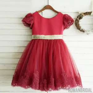 Red round neck Puff Sleeve Cute lace flower girl dress with big Golden bow back, Flower girl dress, FG0100