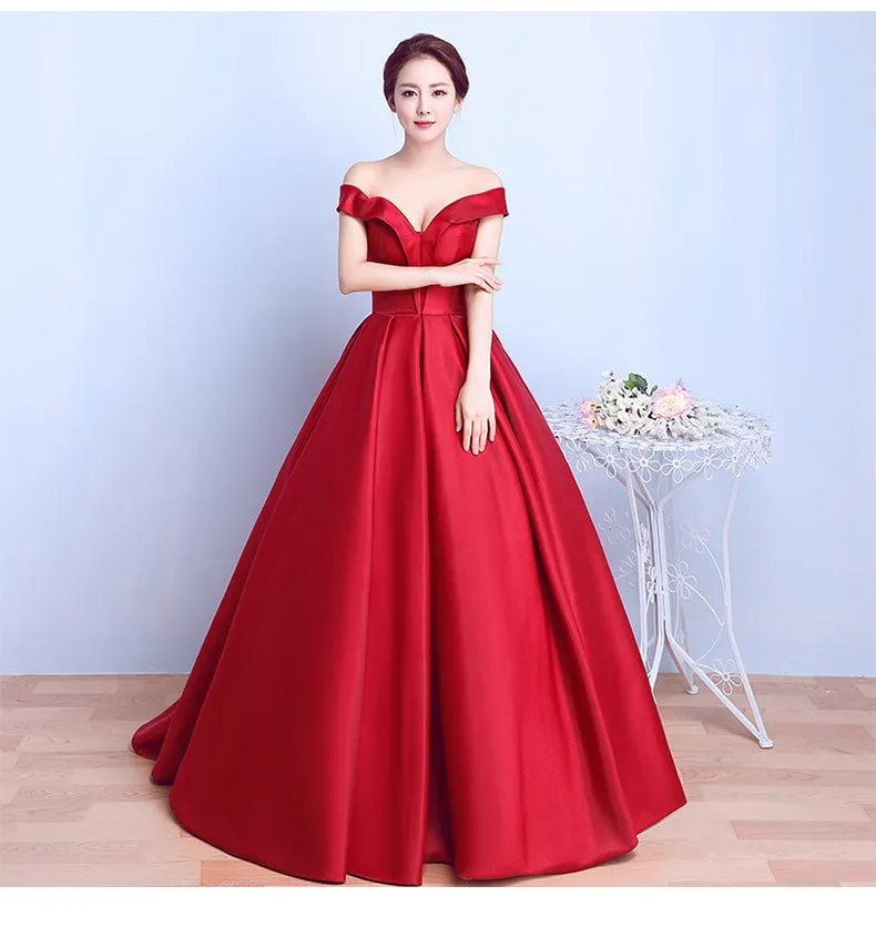 Red Satin Sweetheart Off Shoulder Long Formal Dress Evening Gown, Red Long Ball Gown Party Dress