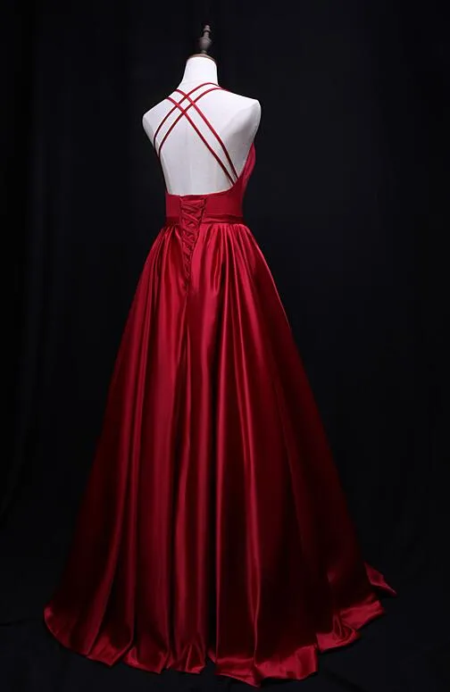 Red Satin V-neckline Floor Length Junior Prom Dress, Party Dress with Bow