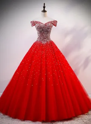 Red Sparkle Tulle Sweetheart Party Dress, Shiny Sweet 16 Dresses