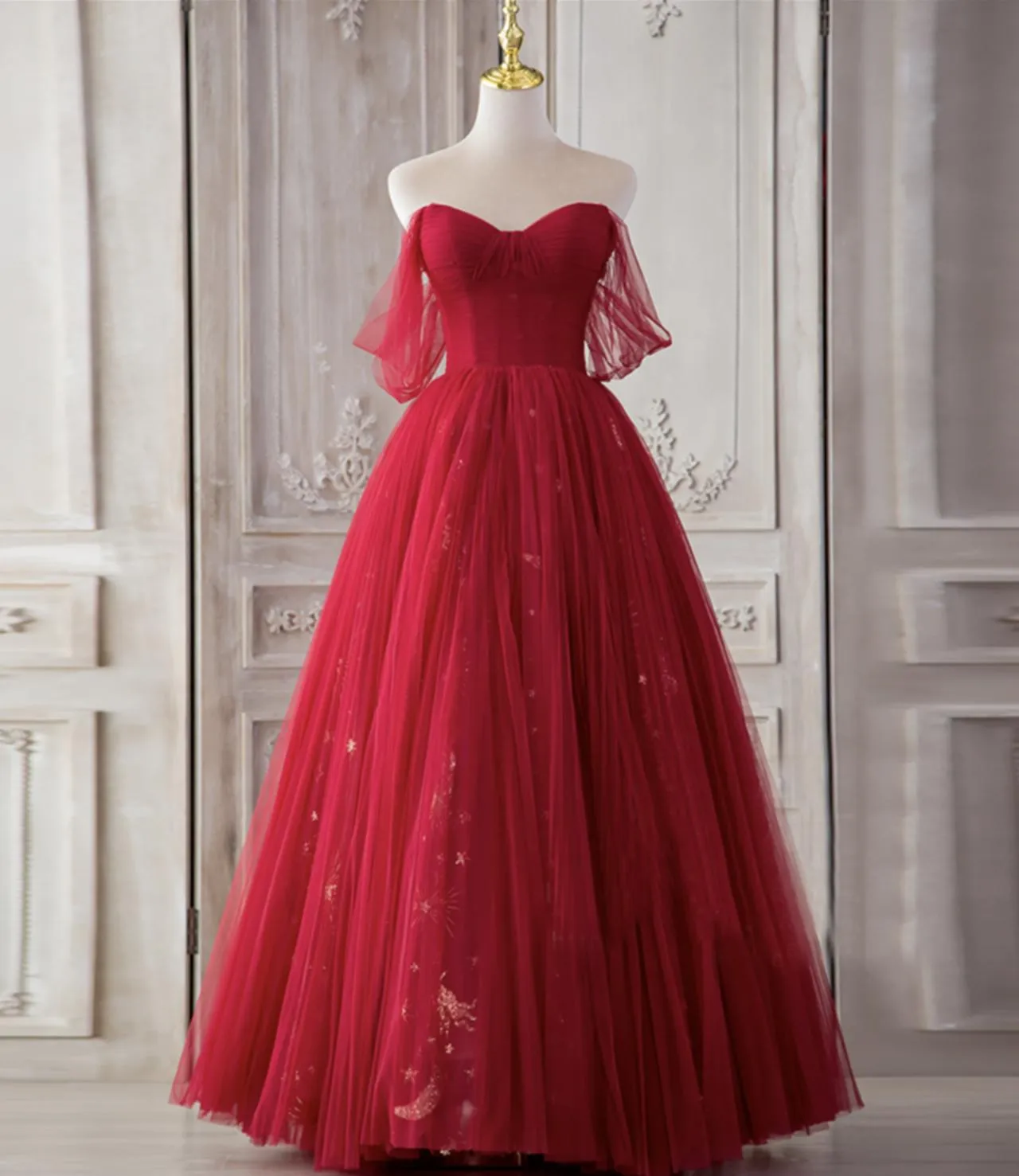 Red Sweetheart Tulle Long Beautiful Prom Dresses, Wine Red Party Dresses Evening Gown