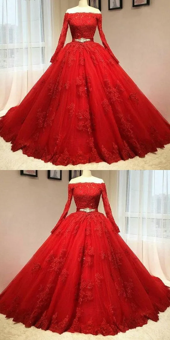 Red Tulle Long Sleeve Quinceanera Dresses Lace Appliques Puffy Tulle Ball Gown Prom Dresss Party Dress