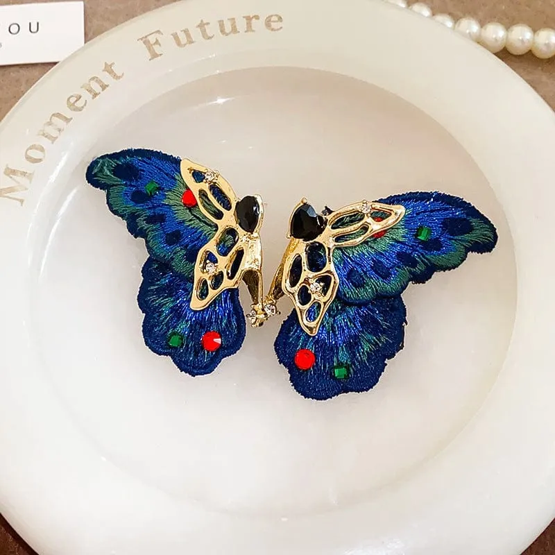 Retro Chunky Rhinestone Inlaid Embroidery Butterfly Stud Earrings
