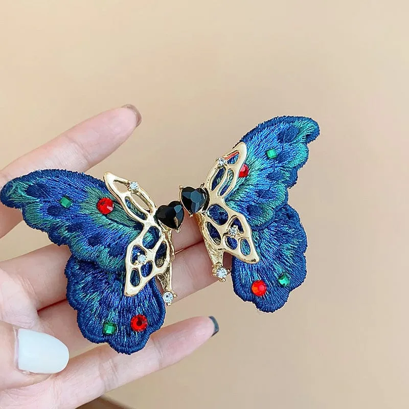 Retro Chunky Rhinestone Inlaid Embroidery Butterfly Stud Earrings