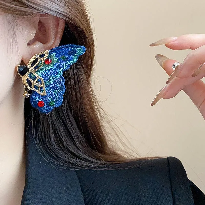 Retro Chunky Rhinestone Inlaid Embroidery Butterfly Stud Earrings