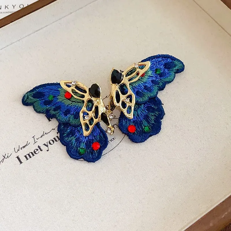 Retro Chunky Rhinestone Inlaid Embroidery Butterfly Stud Earrings