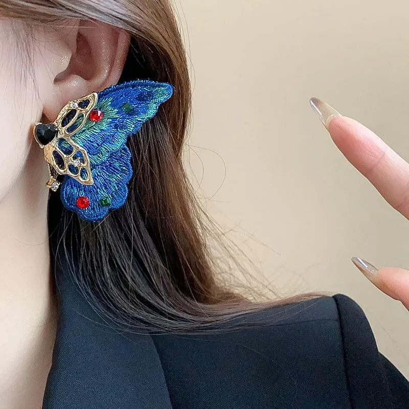 Retro Chunky Rhinestone Inlaid Embroidery Butterfly Stud Earrings