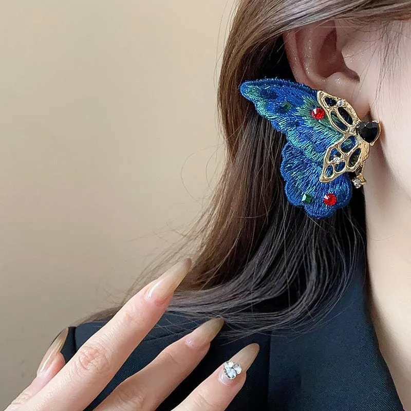 Retro Chunky Rhinestone Inlaid Embroidery Butterfly Stud Earrings